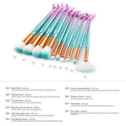 10pcs Mermaid Makeup Brush Set - evolette.com